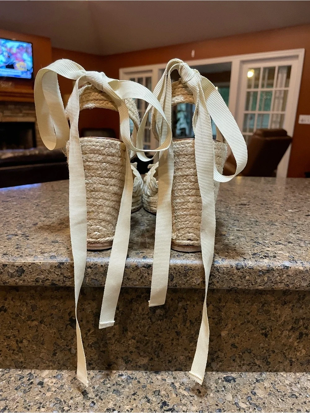 kate spade Gorgeous! Beige Cream Wedge Espadrille Sandal Jute Heel Ribbon Tie 10